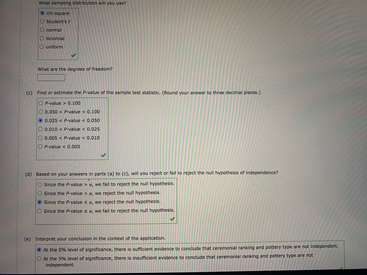 What sampling distribution will you use?
chi-square
Student's t
O normal
O binomial
O uniform
What are the degrees of freedom?
(c) Find or estimate the P-value of the sample test statistic. (Round your answer to three decimal places.)
O P-value > 0.100
O 0.050 < P-value < 0.100
O 0.025< P-value < 0.050
O 0.010 < P-value < 0.025
O 0.005 < P-value < 0.010
O P-value < 0.005
(d) Based on your answers in parts (a) to (c), will you reject or fail to reject the null hypothesis of independence?
Since the P-value > a, we fail to reject the null hypothesis.
Since the P-value > a, we reject the null hypothesis.
O Since the P-value s a, we reject the null hypothesis.
Since the P-value s a, we fail to reject the null hypothesis.
(e) Interpret your conclusion in the context of the application.
At the 5% level of significance, there is sufficient evidence to conclude that ceremonial ranking and pottery type are not independent.
At the 5% level of significance, there is insufficient evidence to conclude that ceremonial ranking and pottery type are not
independent.
