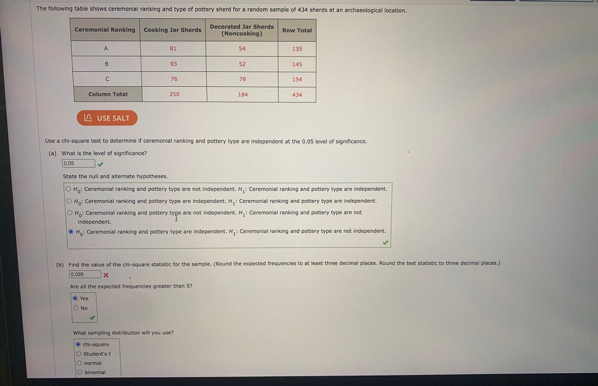 The following table shows ceremonial ranking and type of pottery sherd for a random sample of 434 sherds at an archaeological location.
Decorated Jar Sherds
Ceremonial Ranking
Cooking Jar Sherds
Row Total
(Noncooking)
A
81
54
135
93
52
145
76
78
154
Column Total
250
184
434
A USE SALT
Use a chi-square test to determine if ceremonial ranking and pottery type are independent at the 0.05 level of significance.
(a) What is the level of significance?
0.05
State the null and alternate hypotheses.
Ceremonial ranking and pottery type are not independent. H,: Ceremonial ranking and pottery type are independent.
Ho:
O Ho: Ceremonial ranking and pottery type are independent. H,: Ceremonial ranking and pottery type are independent.
O Ho: Ceremonial ranking and pottery type are not independent. H,: Ceremonial ranking and pottery type are not
independent.
O Ho: Ceremonial ranking and pottery type are independent. H,: Ceremonial ranking and pottery type are not independent.
(b) Find the value of the chi-square statistic for the sample. (Round the expected frequencies to at least three decimal places. Round the test statistic to three decimal places.)
0.028
Are all the expected frequencies greater than 5?
Yes
No
What sampling distribution will you use?
chi-square
Student's t
normal
binomial
