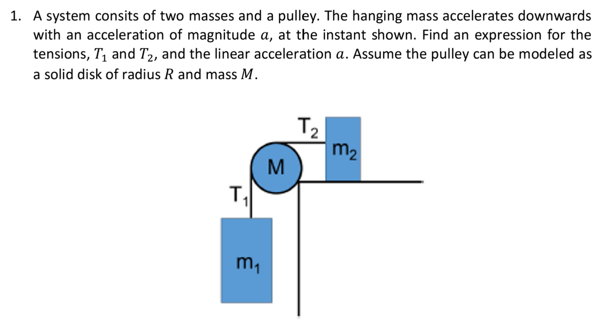 1. A system consits of two masses and a pulley. The hanging mass accelerates downwards
with an acceleration of magnitude a, at the instant shown. Find an expression for the
tensions, T₁ and T2, and the linear acceleration a. Assume the pulley can be modeled as
a solid disk of radius R and mass M.
T₁
1
m₁
M
T₂
m₂