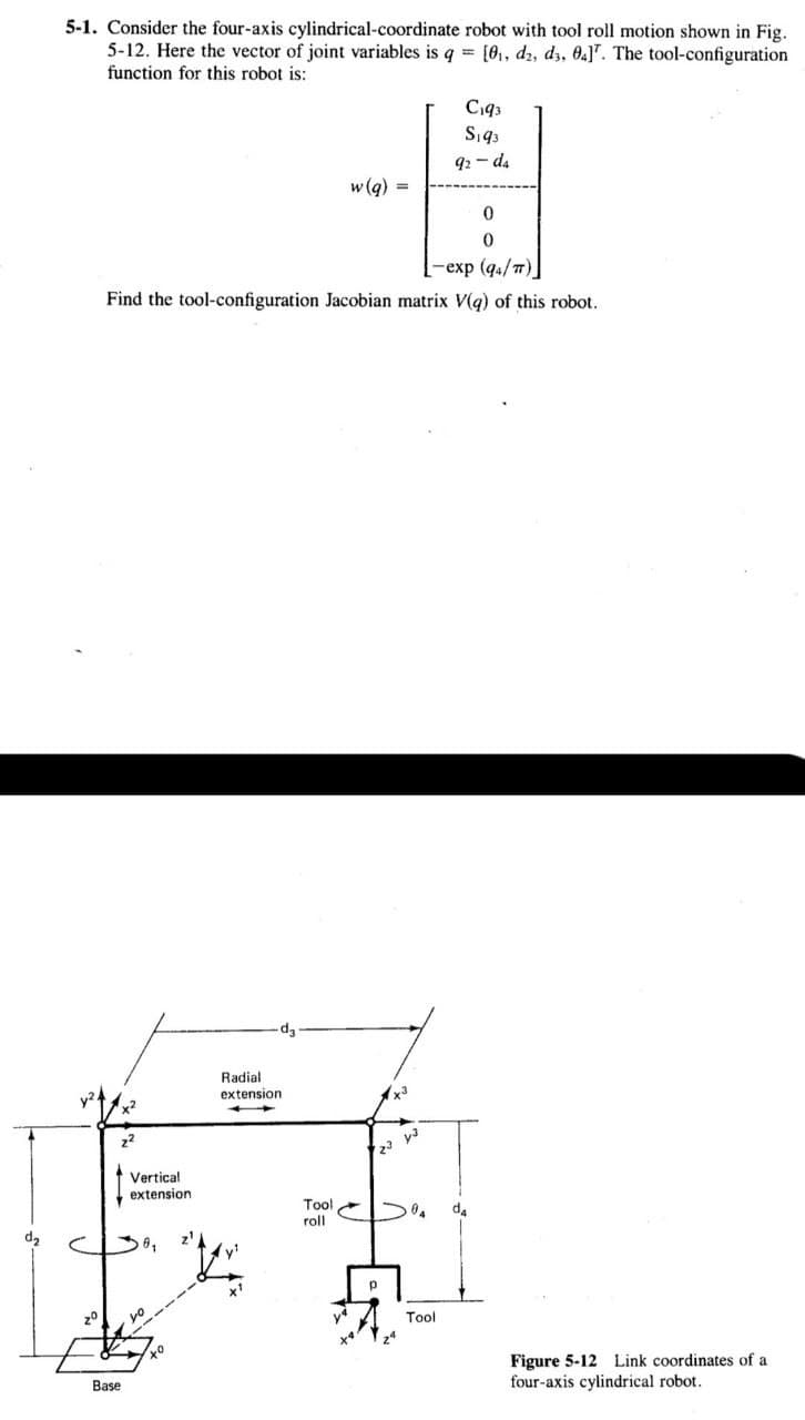 5-1. Consider the four-axis cylindrical-coordinate robot with tool roll motion shown in Fig.
5-12. Here the vector of joint variables is q = [01, d2, d3, 04]. The tool-configuration
function for this robot is:
w(q)-
C193
S193
92-da
图
0
0
exp (94/π)
Find the tool-configuration Jacobian matrix V(q) of this robot.
zº
Base
Radial
extension
Vertical
extension
Tool
roll
81
da
Tool
Figure 5-12 Link coordinates of a
four-axis cylindrical robot.