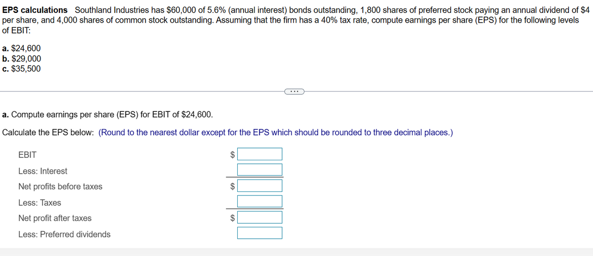 EPS calculations Southland Industries has $60,000 of 5.6% (annual interest) bonds outstanding, 1,800 shares of preferred stock paying an annual dividend of $4
per share, and 4,000 shares of common stock outstanding. Assuming that the firm has a 40% tax rate, compute earnings per share (EPS) for the following levels
of EBIT:
a. $24,600
b. $29,000
c. $35,500
a. Compute earnings per share (EPS) for EBIT of $24,600.
Calculate the EPS below: (Round to the nearest dollar except for the EPS which should be rounded to three decimal places.)
EBIT
Less: Interest
Net profits before taxes
Less: Taxes
Net profit after taxes
Less: Preferred dividends
$
$
$