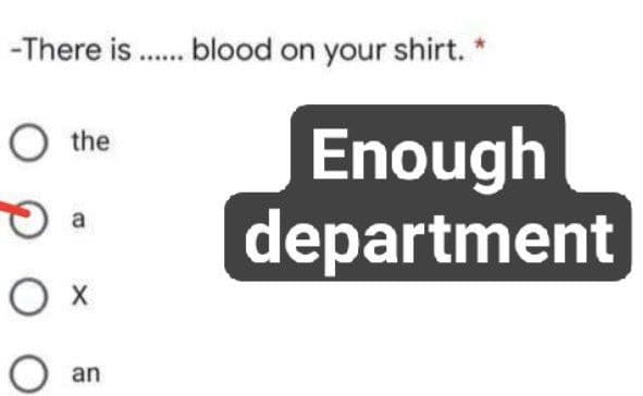 -There is . lood on your shirt. *
O the
Enough
department
a
an
