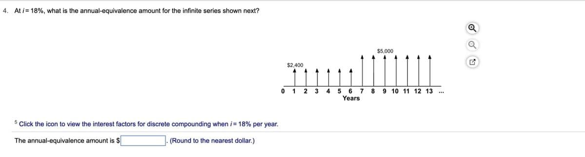 4. At i=18%, what is the annual-equivalence amount for the infinite series shown next?
5 Click the icon to view the interest factors for discrete compounding when i= 18% per year.
The annual-equivalence amount is $
(Round to the nearest dollar.)
$2,400
0 1 2 3
4 5 6 7
Years
8
$5,000
9 10 11 12 13
Q