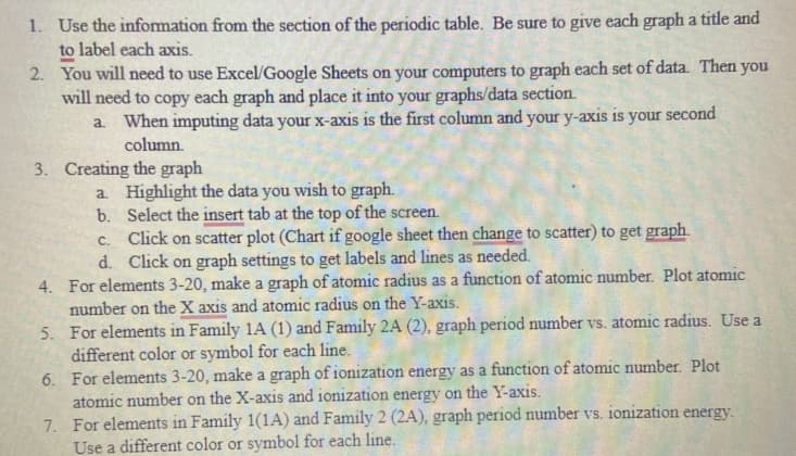 1. Use the infomation from the section of the periodic table. Be sure to give each graph a title and
to label each axis.
2. You will need to use Excel/Google Sheets on your computers to graph each set of data. Then you
will need to copy each graph and place it into your graphs/data section.
a. When imputing data your x-axis is the first column and your y-axis is your second
column.
3. Creating the graph
a Highlight the data you wish to graph.
b. Select the insert tab at the top of the screen.
c. Click on scatter plot (Chart if google sheet then change to scatter) to get graph.
d. Click on graph settings to get labels and lines as needed.
4. For elements 3-20, make a graph of atomic radius as a function of atomic number. Plot atomic
number on the X axis and atomic radius on the Y-axis.
5. For elements in Family 1A (1) and Family 2A (2), graph period number vs. atomic radius. Use a
different color or symbol for each line.
6. For elements 3-20, make a graph of ionization energy as a function of atomic number. Plot
atomic number on the X-axis and ionization energy on the Y-axis.
7. For elements in Family 1(1A) and Family 2 (2A), graph period number vs. ionization energy.
Use a different color or symbol for each line.
