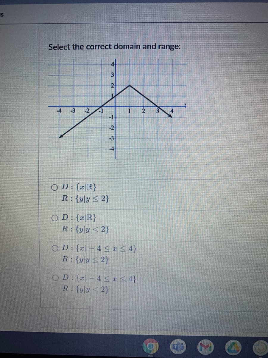 Select the correct domain and range:
3
-4
-3
-2
1
4
-1
-2
-3
-4
O D: {rR}
R: {yy < 2}
O D: {rR}
R: {yy < 2}
O D: {r-4 a < 4}
R: {yy <2}
OD: {r-4 < I< 4}
R:{yy< 2}
