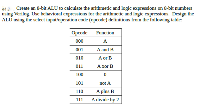 Create an 8-bit ALU to calculate the arithmetic and logic expressions on 8-bit numbers
et
using Verilog. Use behavioral expressions for the arithmetic and logic expressions. Design the
ALU using the select input/operation code (opcode) definitions from the following table:
Орcode
Function
00
A
001
A and B
010
A or B
011
А хor B
100
101
not A
110
A plus B
111
A divide by 2
