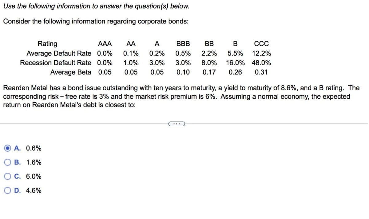 Use the following information to answer the question(s) below.
Consider the following information regarding corporate bonds:
Rating
AAA
Average Default Rate 0.0%
Recession Default Rate 0.0%
0.05
Average Beta
AA
A BBB
0.1% 0.2% 0.5%
1.0% 3.0% 3.0%
0.05 0.05 0.10
BB
B CCC
2.2% 5.5% 12.2%
8.0% 16.0% 48.0%
0.17 0.26 0.31
Rearden Metal has a bond issue outstanding with ten years to maturity, a yield to maturity of 8.6%, and a B rating. The
corresponding risk - free rate is 3% and the market risk premium is 6%. Assuming a normal economy, the expected
return on Rearden Metal's debt is closest to:
A. 0.6%
B. 1.6%
C. 6.0%
D. 4.6%