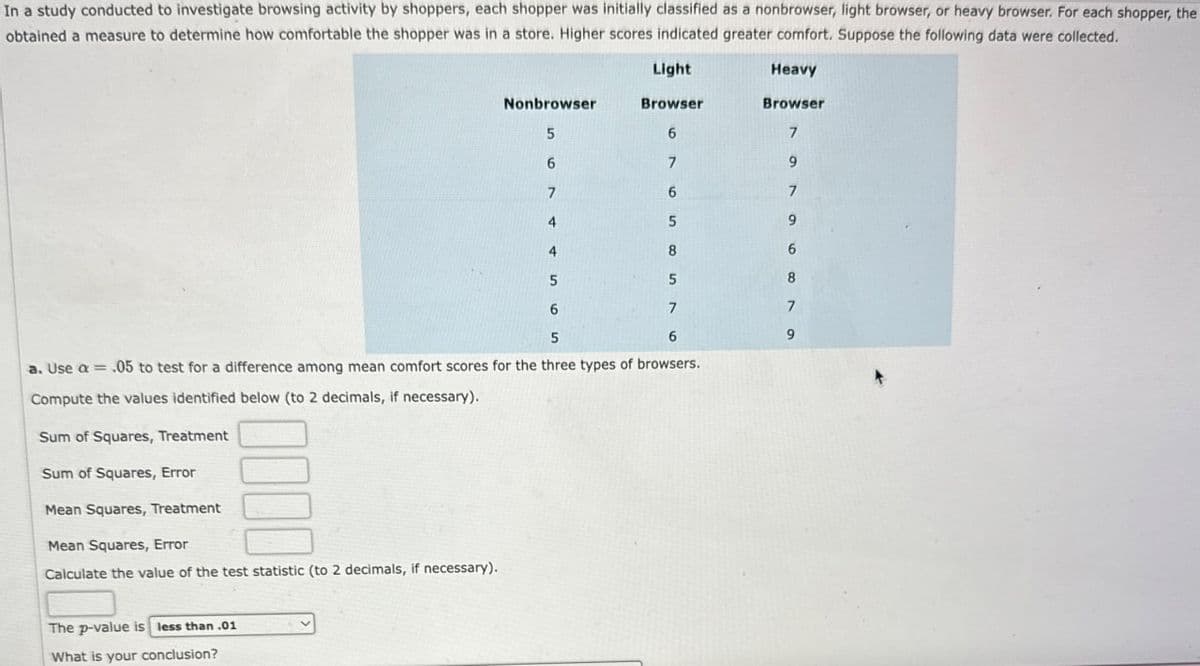 In a study conducted to investigate browsing activity by shoppers, each shopper was initially classified as a nonbrowser, light browser, or heavy browser. For each shopper, the
obtained a measure to determine how comfortable the shopper was in a store. Higher scores indicated greater comfort. Suppose the following data were collected.
Heavy
Light
Nonbrowser
Browser
Browser
5
6
7
6
7
9
7
6
7
4
5
9
4
8
6
5
5
8
6
7
7
5
6
9
a. Use a=.05 to test for a difference among mean comfort scores for the three types of browsers.
Compute the values identified below (to 2 decimals, if necessary).
Sum of Squares, Treatment
Sum of Squares, Error
Mean Squares, Treatment
Mean Squares, Error
Calculate the value of the test statistic (to 2 decimals, if necessary).
The p-value is less than .01
What is your conclusion?