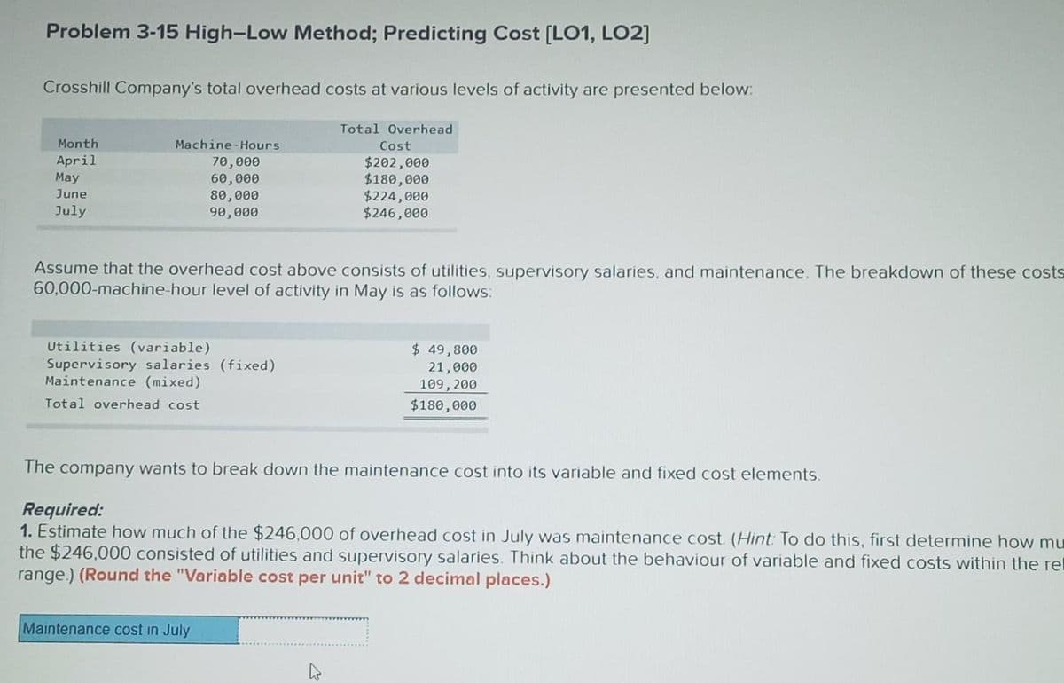 Problem 3-15 High-Low Method; Predicting Cost [LO1, LO2]
Crosshill Company's total overhead costs at various levels of activity are presented below:
Month
April
May
June
July
Machine-Hours
70,000
60,000
80,000
90,000
Utilities (variable)
Supervisory salaries (fixed)
Maintenance (mixed)
Total overhead cost
Assume that the overhead cost above consists of utilities, supervisory salaries, and maintenance. The breakdown of these costs
60,000-machine-hour level of activity in May is as follows:
Total Overhead
Cost
$202,000
$180,000
$224,000
$246,000
Maintenance cost in July
The company wants to break down the maintenance cost into its variable and fixed cost elements.
h
$ 49,800
21,000
109, 200
$180,000
Required:
1. Estimate how much of the $246,000 of overhead cost in July was maintenance cost. (Hint: To do this, first determine how mu
the $246,000 consisted of utilities and supervisory salaries. Think about the behaviour of variable and fixed costs within the rel
range.) (Round the "Variable cost per unit" to 2 decimal places.)