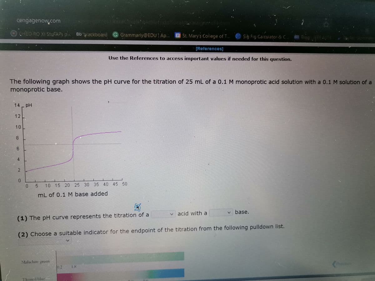 cengagenow.com
mentakechvaleAG
tydo? pcato
O CHED RO XI StyFAPs p.
Bb plackboard G Grammarly@EDUI Ap..
31 St. Mary's College of T..
Sig Fig Calculator-& C EEE Bog
EAIT
[References]
Use the References to access important values if needed for this question.
The following graph shows the pH curve for the titration of 25 mL of a 0.1 M monoprotic acid solution with a 0.1 M solution of a
monoprotic base.
14 pH
12
10
8.
4.
2.
0 5 10 15 20 25 30 35 40 45 50
mL of 0.1 M base added
v acid with a
v base.
(1) The pH curve represents the titration of a
(2) Choose a suitable indicator for the endpoint of the titration from the following pulldown list.
Malachite grcen
Previous
18
Them l lue
