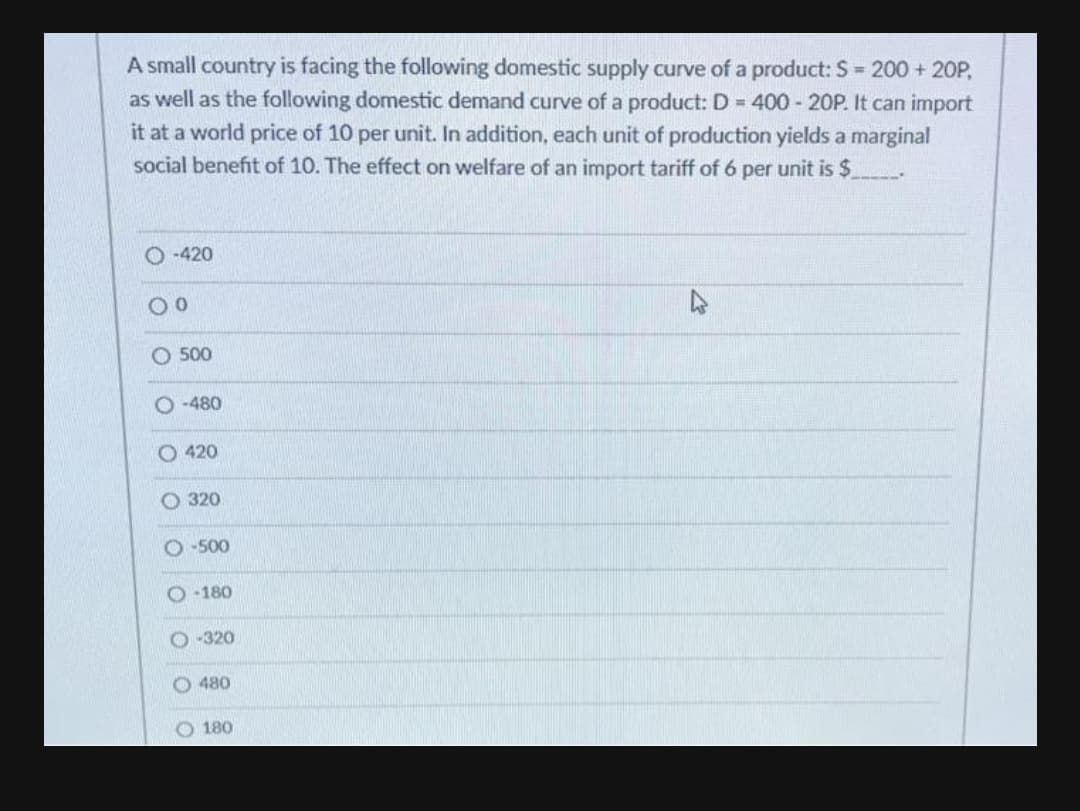 A small country is facing the following domestic supply curve of a product: S = 200 + 20P,
as well as the following domestic demand curve of a product: D = 400 - 20P. It can import
it at a world price of 10 per unit. In addition, each unit of production yields a marginal
social benefit of 10. The effect on welfare of an import tariff of 6 per unit is $.
O -420
O 500
O -480
O 420
O 320
-500
O :180
O -320
480
O 180
