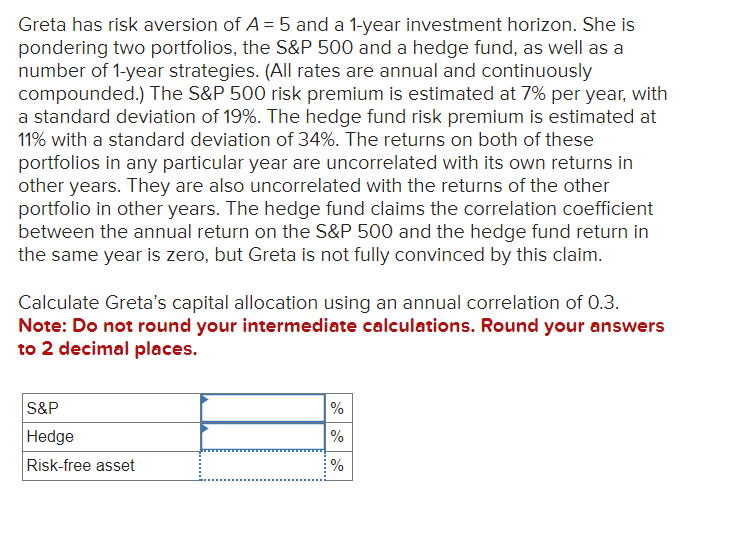 Greta has risk aversion of A = 5 and a 1-year investment horizon. She is
pondering two portfolios, the S&P 500 and a hedge fund, as well as a
number of 1-year strategies. (All rates are annual and continuously
compounded.) The S&P 500 risk premium is estimated at 7% per year, with
a standard deviation of 19%. The hedge fund risk premium is estimated at
11% with a standard deviation of 34%. The returns on both of these
portfolios in any particular year are uncorrelated with its own returns in
other years. They are also uncorrelated with the returns of the other
portfolio in other years. The hedge fund claims the correlation coefficient
between the annual return on the S&P 500 and the hedge fund return in
the same year is zero, but Greta is not fully convinced by this claim.
Calculate Greta's capital allocation using an annual correlation of 0.3.
Note: Do not round your intermediate calculations. Round your answers
to 2 decimal places.
S&P
Hedge
%
%
Risk-free asset
%