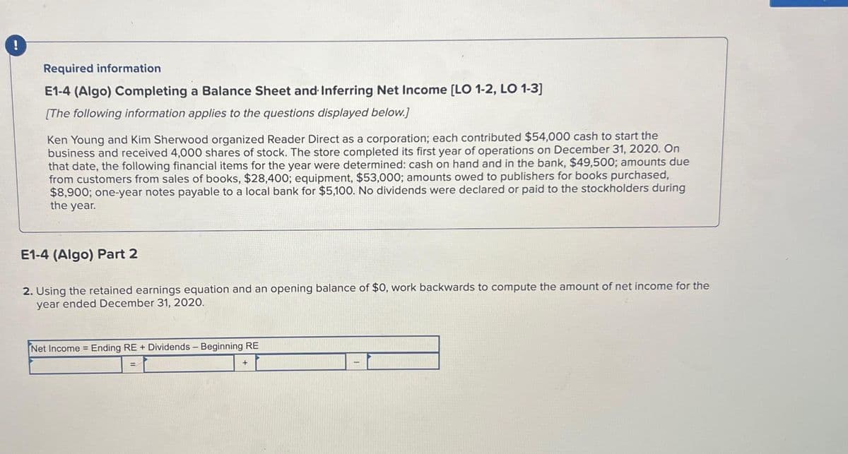 !
Required information
E1-4 (Algo) Completing a Balance Sheet and Inferring Net Income [LO 1-2, LO 1-3]
[The following information applies to the questions displayed below.]
Ken Young and Kim Sherwood organized Reader Direct as a corporation; each contributed $54,000 cash to start the
business and received 4,000 shares of stock. The store completed its first year of operations on December 31, 2020. On
that date, the following financial items for the year were determined: cash on hand and in the bank, $49,500; amounts due
from customers from sales of books, $28,400; equipment, $53,000; amounts owed to publishers for books purchased,
$8,900; one-year notes payable to a local bank for $5,100. No dividends were declared or paid to the stockholders during
the year.
E1-4 (Algo) Part 2
2. Using the retained earnings equation and an opening balance of $0, work backwards to compute the amount of net income for the
year ended December 31, 2020.
Net Income = Ending RE + Dividends - Beginning RE