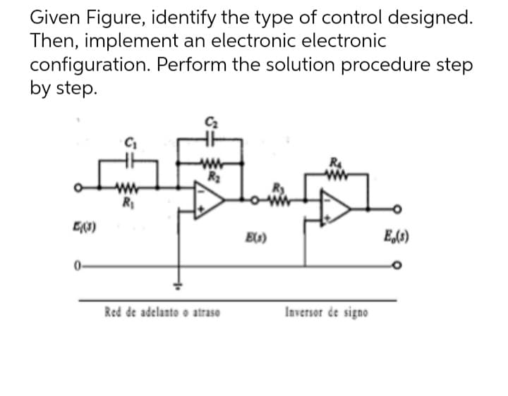 Given Figure, identify the type of control designed.
Then, implement an electronic electronic
configuration. Perform the solution procedure step
by step.
E((3)
C₁
www
R₁
www
R₂
Red de adelanto o atraso
ww
E(s)
R₁
Inversor de signo
E,(s)