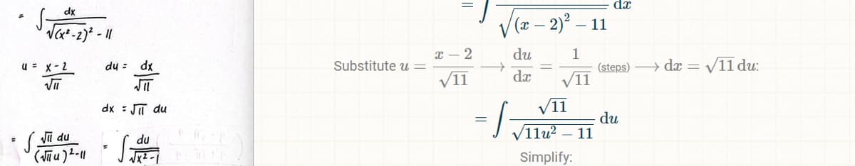 dx
dx
/(x – 2)² – 11
Vat -2)? - I|
I – 2
du
Substitute u=
/11
1
(steps) → dx = /11 du:
V11
u = x-2
du : dx
dx
dx : JT du
V1I
du
J V1lu? – 11
S Jī du
du
%3D
Simplify:
