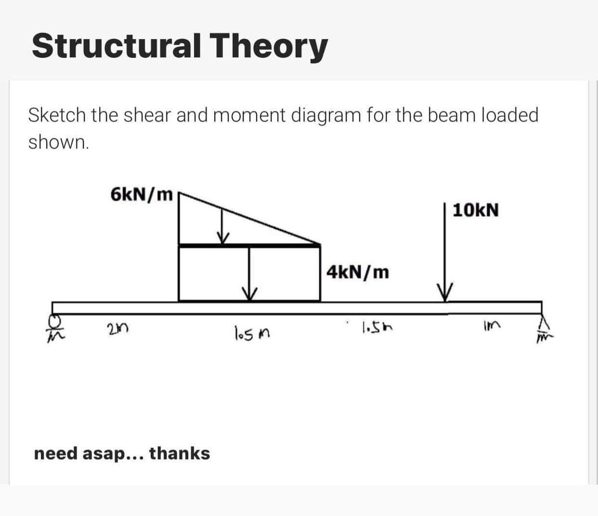 Structural Theory
Sketch the shear and moment diagram for the beam loaded
shown.
6kN/m
10kN
4kN/m
losm
1.5h
In
need asap... thanks
