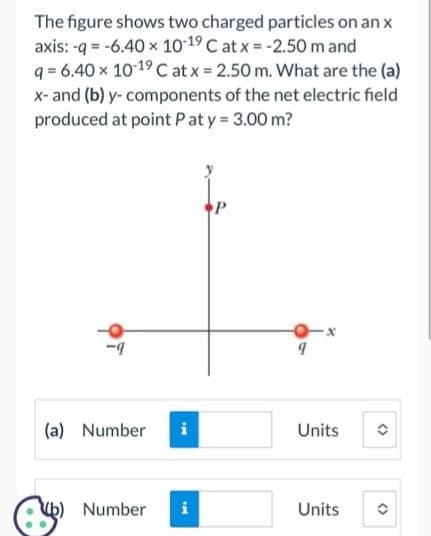 The figure shows two charged particles on an x
axis: -q = -6.40 x 10-19 Cat x = -2.50 m and
q= 6.40 × 10-¹⁹ C at x = 2.50 m. What are the (a)
x- and (b) y-components of the net electric field
produced at point Pat y = 3.00 m?
-9
(a) Number i
(b) Number
x
Units
Units
O