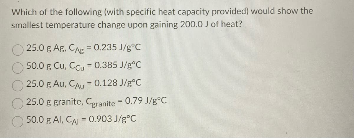 Which of the following (with specific heat capacity provided) would show the
smallest temperature change upon gaining 200.0 J of heat?
25.0 g Ag, CAg = 0.235 J/g°C
50.0 g Cu, CCu = 0.385 J/g°C
25.0 g Au, CAu = 0.128 J/g°C
%3D
25.0 g granite, Cgranite = 0.79 J/g°C
50.0 g Al, CAI = 0.903 J/g°C
