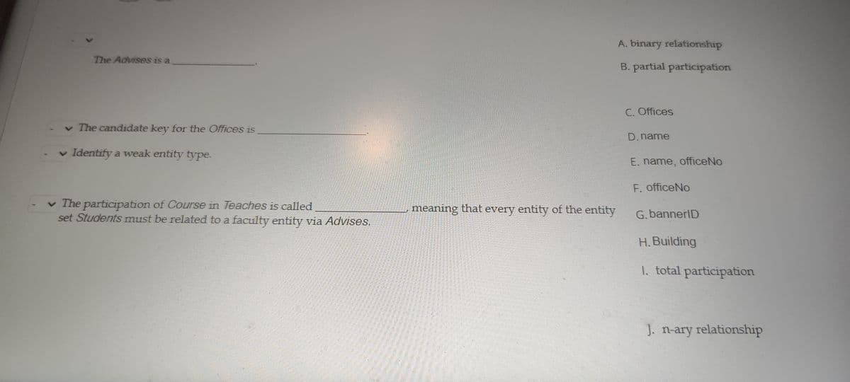 The Advises is a
✓ The candidate key for the Offices is
Identify a weak entity type.
✓ The participation of Course in Teaches is called
set Students must be related to a faculty entity via Advises.
meaning that every entity of the entity
A. binary relationship
B. partial participation
C. Offices
D. name
E. name, office No
F. officeNo
G.bannerlD
H.Building
1. total participation
J. n-ary relationship