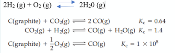 2H2 (g) + O2 (g)
2H20 (g)
C(graphite) + CO2(g) =2 CO(g)
CO2(g) + H2(g) =CO(g) + H20(g) Ke
Ke
= 0.64
C(graphite) + ¿O2(g) = CO(g)
Ke = 1 × 10$
