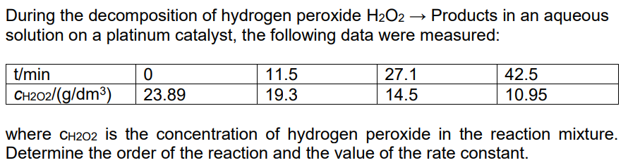 During the decomposition of hydrogen peroxide H2O2 → Products in an aqueous
solution on a platinum catalyst, the following data were measured:
t/min
0
CH202/(g/dm³)
23.89
11.5
19.3
27.1
14.5
42.5
10.95
where CH2O2 is the concentration of hydrogen peroxide in the reaction mixture.
Determine the order of the reaction and the value of the rate constant.