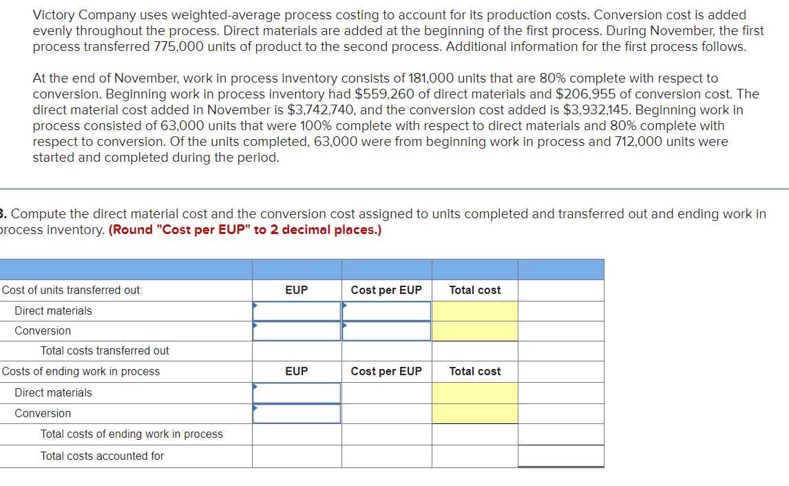 Victory Company uses weighted-average process costing to account for its production costs. Conversion cost is added
evenly throughout the process. Direct materials are added at the beginning of the first process. During November, the first
process transferred 775,000 units of product to the second process. Additional information for the first process follows.
At the end of November, work in process inventory consists of 181,000 units that are 80% complete with respect to
conversion. Beginning work in process inventory had $559,260 of direct materials and $206,955 of conversion cost. The
direct material cost added in November is $3,742,740, and the conversion cost added is $3,932,145. Beginning work in
process consisted of 63,000 units that were 100% complete with respect to direct materials and 80% complete with
respect to conversion. Of the units completed, 63,000 were from beginning work in process and 712,000 units were
started and completed during the period.
3. Compute the direct material cost and the conversion cost assigned to units completed and transferred out and ending work in
process inventory. (Round "Cost per EUP" to 2 decimal places.)
Cost of units transferred out:
EUP
Cost per EUP
Total cost
Direct materials
Conversion
Total costs transferred out
Costs of ending work in process
EUP
Cost per EUP
Total cost
Direct materials
Conversion
Total costs of ending work in process
Total costs accounted for
