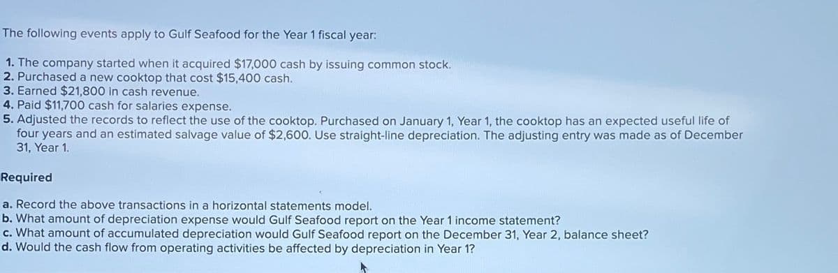 The following events apply to Gulf Seafood for the Year 1 fiscal year:
1. The company started when it acquired $17,000 cash by issuing common stock.
2. Purchased a new cooktop that cost $15,400 cash.
3. Earned $21,800 in cash revenue.
4. Paid $11,700 cash for salaries expense.
5. Adjusted the records to reflect the use of the cooktop. Purchased on January 1, Year 1, the cooktop has an expected useful life of
four years and an estimated salvage value of $2,600. Use straight-line depreciation. The adjusting entry was made as of December
31, Year 1.
Required
a. Record the above transactions in a horizontal statements model.
b. What amount of depreciation expense would Gulf Seafood report on the Year 1 income statement?
c. What amount of accumulated depreciation would Gulf Seafood report on the December 31, Year 2, balance sheet?
d. Would the cash flow from operating activities be affected by depreciation in Year 1?