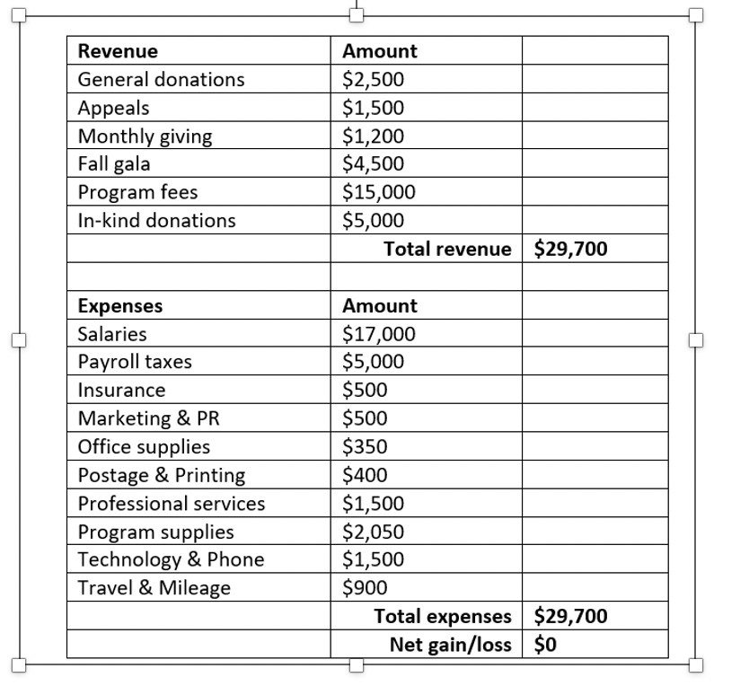 Revenue
General donations
Appeals
Monthly giving
Fall gala
Program fees
In-kind donations
Expenses
Salaries
Payroll taxes
Insurance
Marketing & PR
Office supplies
Postage & Printing
Professional services
Program supplies
Technology & Phone
Travel & Mileage
Amount
$2,500
$1,500
$1,200
$4,500
$15,000
$5,000
Total revenue $29,700
Amount
$17,000
$5,000
$500
$500
$350
$400
$1,500
$2,050
$1,500
$900
Total expenses $29,700
Net gain/loss $0