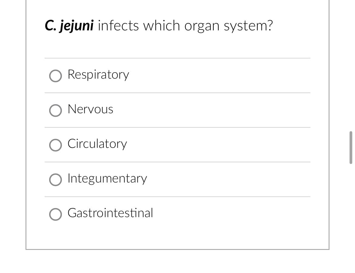 C. jejuni infects which organ system?
Respiratory
O Nervous
Circulatory
O Integumentary
O Gastrointestinal