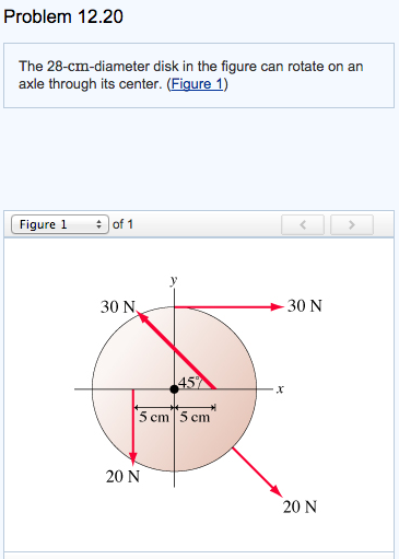 Problem 12.20
The 28-cm-diameter disk in the figure can rotate on an
axle through its center. (Figure 1)
Figure 1 ÷ of 1
<
>
30 N
20 N
45%
5 cm 5 cm"
x
30 N
20 N