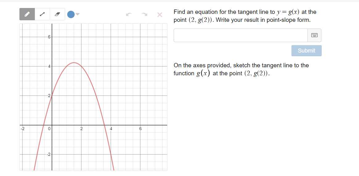 Find an equation for the tangent line to y = g(x) at the
point (2, g(2)). Write your result in point-slope form.
Submit
On the axes provided, sketch the tangent line to the
function g(x) at the point (2, g(2)).
-2
6
