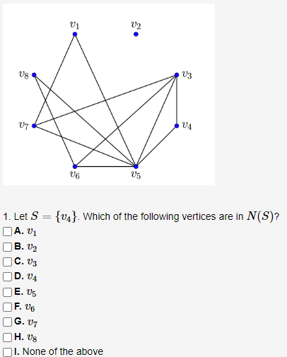 V8
0000
V7
5
B. 1₂
C. V3
D. VA
E. 05
F. 06
5
G.07
OH. V8
VI
V6
1. Let S = {4}. Which of the following vertices are in N(S)?
A. V₁
V5
I. None of the above
V3
VA