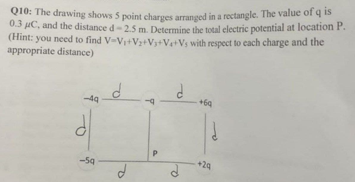 Q10: The drawing shows 5 point charges arranged in a rectangle. The value of q is
0.3 μC, and the distance d = 2.5 m. Determine the total electric potential at location P.
(Hint: you need to find V=V₁ +V₂+V3+V4+Vs with respect to each charge and the
appropriate distance)
-4q
-5q
T
d
+6q
+2q