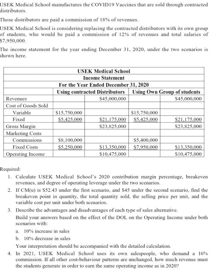 USEK Medical School manufactures the COVID19 Vaccines that are sold through contracted
distributors.
Those distributors are paid a commission of 18% of revenues.
USEK Medical School is considering replacing the contracted distributors with its own group
of students, who would be paid a commission of 12% of revenues and total salaries of
$7,950,000.
The income statement for the year ending December 31, 2020, under the two scenarios is
shown here.
USEK Medical School
Income Statement
For the Year Ended December 31, 2020
Using Own Group of students
Using contracted Distributors
$45,000,000
Revenues
S45,000,000
Cost of Goods Sold
Variable
$15,750,000
S15,750,000
$5,425,000
Fixed
$5,425,000
$21,175,000
$21,175,000
$23,825,000
Gross Margin
Marketing Costs
Commissions
Fixed Costs
Operating Income
$23,825,000
$8,100,000
$5,400,000
$5,250.000
S13,350,000
$10,475,000
$13,350.000
S7,950,000
$10,475,000
Required:
1. Calculate USEK Medical School's 2020 contribution margin percentage, breakeven
revenues, and degree of operating leverage under the two scenarios.
2. If CM(u) is S52.43 under the first scenario, and $45 under the second scenario, find the
breakeven point in quantity, the total quantity sold, the selling price per unit, and the
variable cost per unit under both scenarios.
3. Describe the advantages and disadvantages of each type of sales alternative.
Build your answers based on the effect of the DOL on the Operating Income under both
scenarios with:
a. 10% increase in sales
b. 10% decrease in sales
Your interpretation should be accompanied with the detailed calculation.
4. In 2021, USEK Medical School uses its own salespeople, who demand a 16%
commission. If all other cost-behaviour patterns are unchanged, how much revenue must
the students generate in order to earn the same operating income as in 2020?
