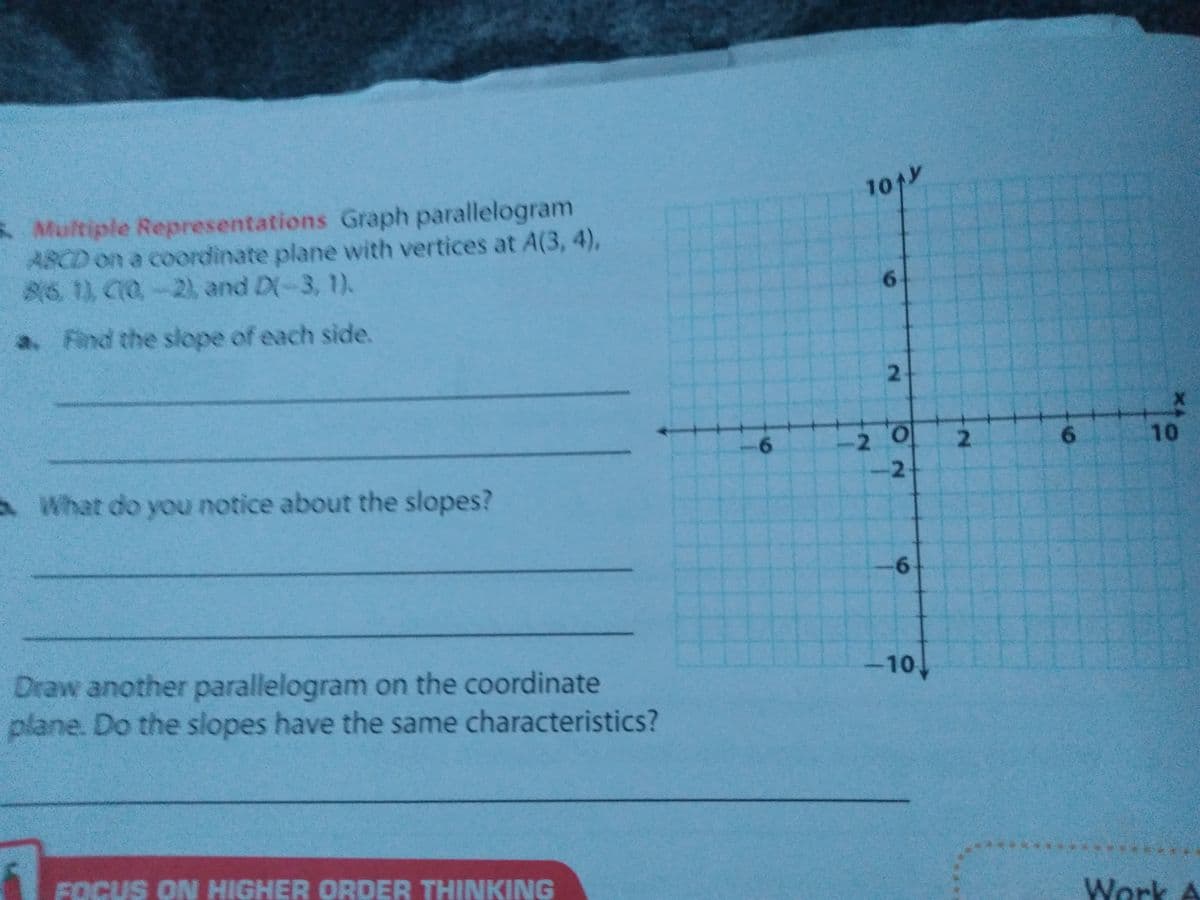 10A
&Multiple Representations Graph parallelogram
ASCD on a coordinate plane with vertices at A(3, 4),
(6,1) C(0,-2), and D(-3, 1).
a. Find the slope of each side.
O.
10
A What do you notice about the slopes?
Draw another parallelogram on the coordinate
plane. Do the slopes have the same characteristics?
10
FOCUS ON HIGHER ORDER THINKING
Work A
6
2.
6.
2.
6.
2.
