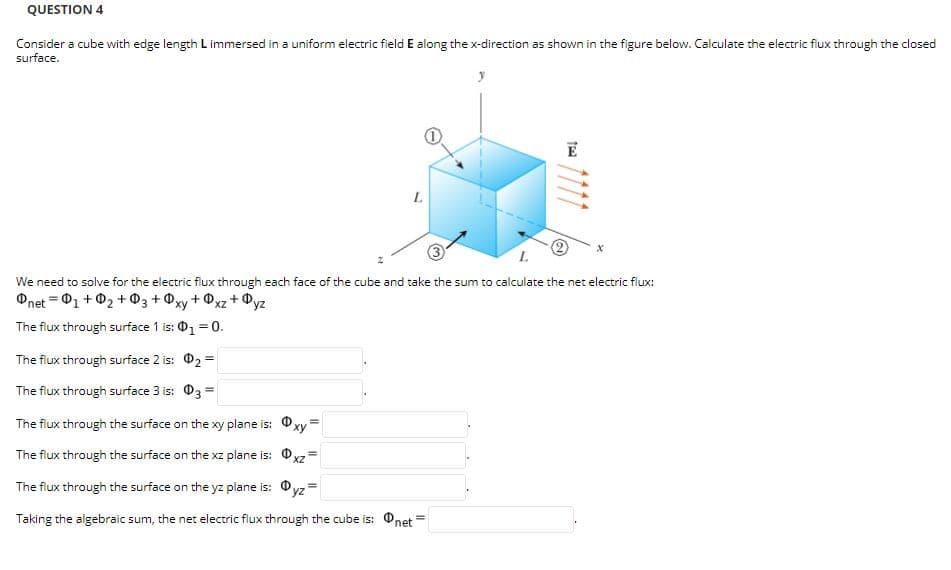 QUESTION 4
Consider a cube with edge length L immersed in a uniform electric field E along the x-direction as shown in the figure below. Calculate the electric flux through the closed
surface.
L
We need to solve for the electric flux through each face of the cube and take the sum to calculate the net electric flux:
Onet =01 + 02 + 03 + @xy + 0xz+ ®yz
The flux through surface 1 is: 01 = 0.
%3D
The flux through surface 2 is: 02 =
The flux through surface 3 is: 03 =
The flux through the surface on the xy plane is:
ху
The flux through the surface on the xz plane is: Oxz*
The flux through the surface on the yz plane is:
Dyz'
Taking the algebraic sum, the net electric flux through the cube is: Onet
111
