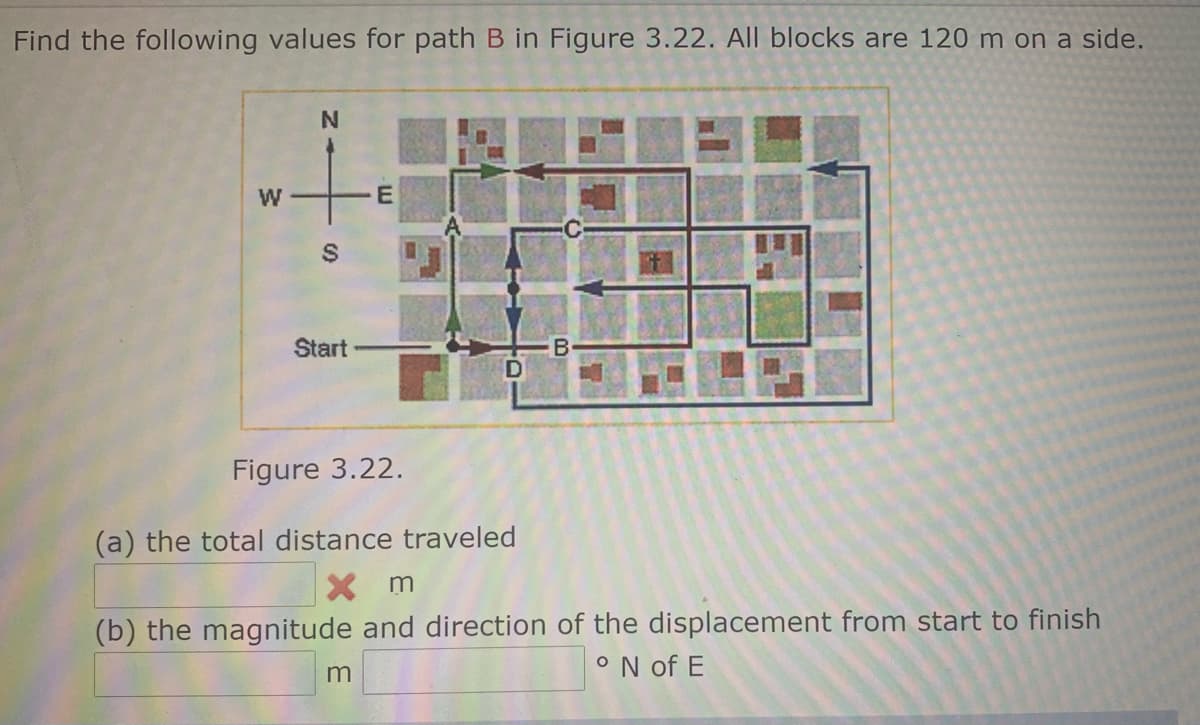 Find the following values for path B in Figure 3.22. All blocks are 120 m on a side.
Start
Figure 3.22.
(a) the total distance traveled
X m
(b) the magnitude and direction of the displacement from start to finish
ON of E
w/
