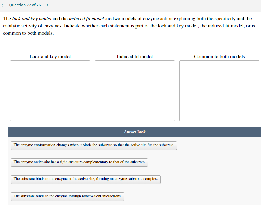 < Question 22 of 26 >
The lock and key model and the induced fit model are two models of enzyme action explaining both the specificity and the
catalytic activity of enzymes. Indicate whether each statement is part of the lock and key model, the induced fit model, or is
common to both models.
Lock and key model
Induced fit model
Common to both models
Answer Bank
The enzyme conformation changes when it binds the substrate so that the active site fits the substrate.
The enzyme active site has a rigid structure complementary to that of the substrate.
The substrate binds to the enzyme at the active site, forming an enzyme-substrate complex.
The substrate binds to the enzyme through noncovalent interactions.