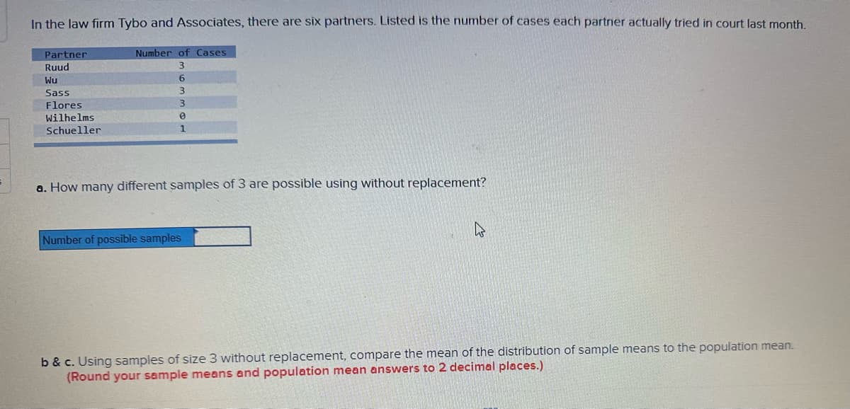5
In the law firm Tybo and Associates, there are six partners. Listed is the number of cases each partner actually tried in court last month.
Number of Cases
3
Partner
Ruud
Wu
Sass
Flores
Wilhelms
Schueller
6
3
3
0
1
a. How many different samples of 3 are possible using without replacement?
Number of possible samples
b & c. Using samples of size 3 without replacement, compare the mean of the distribution of sample means to the population mean.
(Round your sample means and population mean answers to 2 decimal places.)