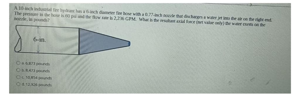 A 10-inch industrial fire hydrant has a 6-inch diameter fire hose with a 0.77-inch nozzle that discharges a water jet into the air on the right end.
The pressure in the hose is 60 psi and the flow rate is 2,236 GPM. What is the resultant axial force (net value only) the water exerts on the
nozzle, in pounds?
6-in.
Oa. 6,873 pounds
Ob. 8,473 pounds
Oc. 10,854 pounds
Od. 12,926 pounds