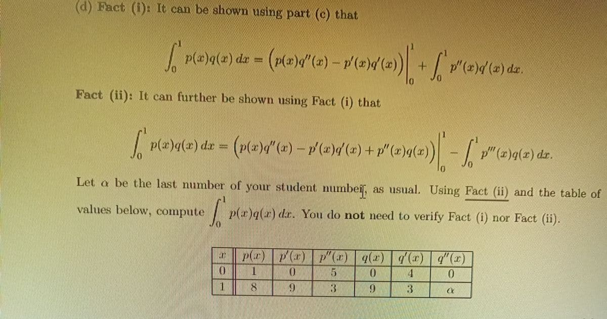 (d) Fact (i): It can be shown using part (c) that
| P(@)q(2) de = (p(2)q"(=) - p ()d()+ "(=)d(2) de.
p(x)4"(x)-p'(x)d (x)
op (r) p(x),d
Fact (ii): It can further be shown using Fact (i) that
P(2>)a(n) dz = (pl2)d"(-) – -"(-)q(=)dr.
p(2)d(a)+p"(2)4()
"(2)q(x) dr.
Let a be the last number of your student numbei, as usual.
Using Fact (ii) and the table of
values below, compute
P(x)q(2) dr. You do not need to verify Fact (i) nor Fact (ii).
p(x) P(x) P() (2) 4() 4"(x)
(r) (r)
4.
1
8.
6.
