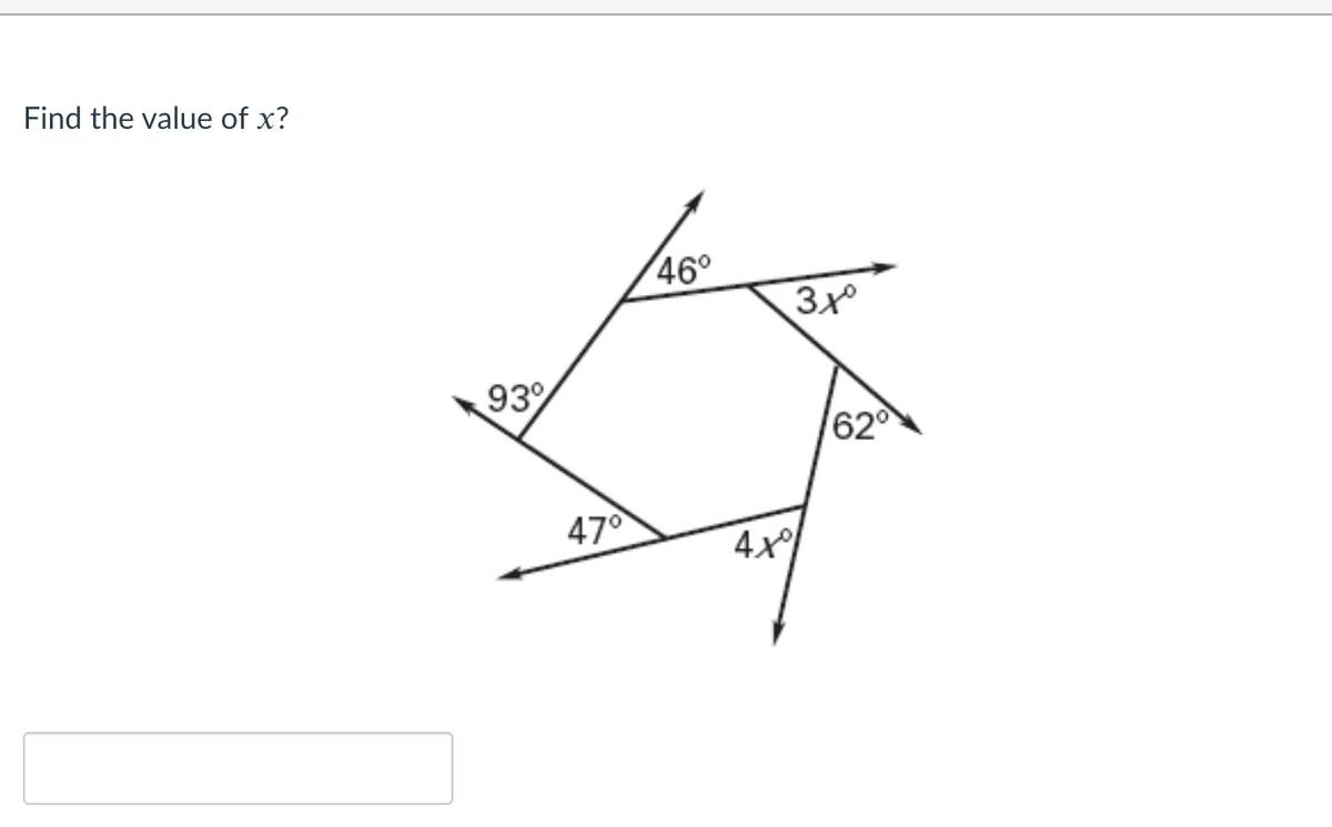 Find the value of x?
46°
3x°
93
62
47°
4x
