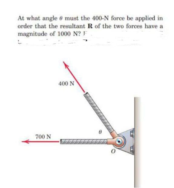 At what angle 0 must the 400-N force be applied in
order that the resultant R of the two forces have a
magnitude of 1000 N? F
400 N
700 N
