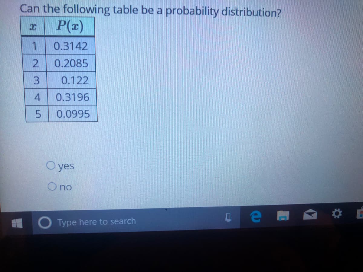 Can the following table be a probability distribution?
P(x)
0.3142
0.2085
3
0.122
4
0.3196
0.0995
O yes
O no
Type here to search
