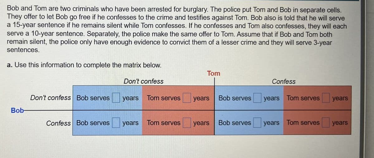 Bob and Tom are two criminals who have been arrested for burglary. The police put Tom and Bob in separate cells.
They offer to let Bob go free if he confesses to the crime and testifies against Tom. Bob also is told that he will serve
a 15-year sentence if he remains silent while Tom confesses. If he confesses and Tom also confesses, they will each
serve a 10-year sentence. Separately, the police make the same offer to Tom. Assume that if Bob and Tom both
remain silent, the police only have enough evidence to convict them of a lesser crime and they will serve 3-year
sentences.
a. Use this information to complete the matrix below.
Tom
Don't confess
Confess
Don't confess Bob serves
years
Tom serves
years
Bob serves
years Tom serves
years
Bob-
Confess Bob serves
years
Tom serves
years
Bob serves
years Tom serves
years