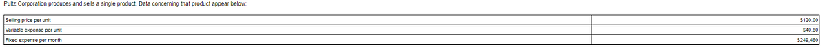 Pultz Corporation produces and sells a single product. Data concerning that product appear below:
Selling price per unit
S120.00
Variable expense per unit
S40.80
Fixed expense per month
S249,480
