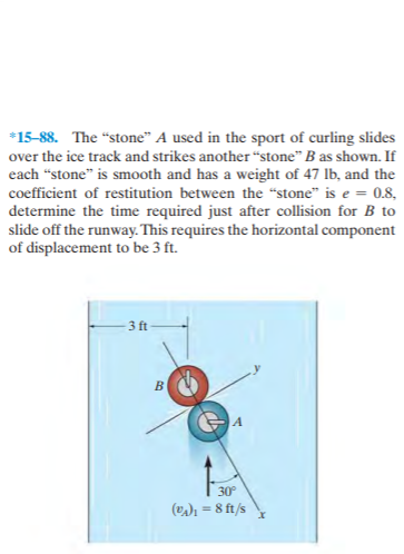 *15-88. The "stone" A used in the sport of curling slides
over the ice track and strikes another “stone" B as shown. If
each “stone" is smooth and has a weight of 47 lb, and the
coefficient of restitution between the “stone" is e = 0.8,
determine the time required just after collision for B to
slide off the runway. This requires the horizontal component
of displacement to be 3 ft.
3 ft
30
(vA)ı = 8 ft/s
