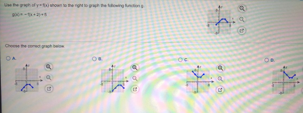 Use the graph of y f(x) shown to the right to graph the following function g.
g(x) = - f(x + 2) • 5
Choose the correct graph below.
O A.
O B.
Oc.
D.
