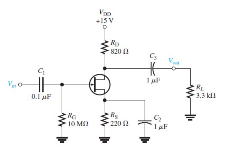 VDD
+15 V
Rp
820 N
C3
V out
1 μF
RL
3.3 k2
Vin O
0.1 μF
Rs
RG
10 MN
C2
1 µF
220 N
