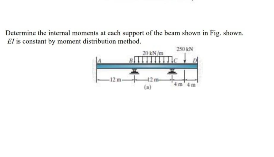 Determine the internal moments at each support of the beam shown in Fig. shown.
El is constant by moment distribution method.
250 kN
20 kN/m
-12 m-
-12 m-
4 m' 4m
(a)
